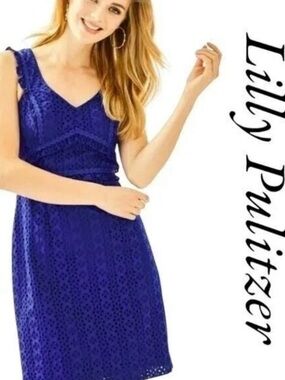 EUC SZ 00 Lilly Pulitzer Kaylee Shift Eyelet Dress in Cobalt Blue